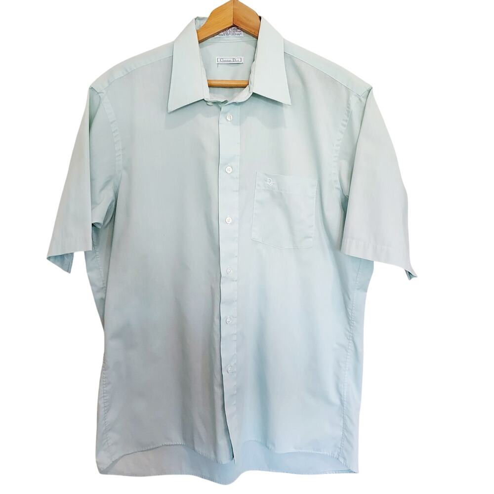 Vintage Christian Dior Light Blue Short Sleeve Button Down Neck Size 16.5